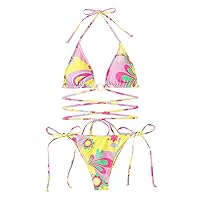 Teal Stripe and Leaves Print Bikini Brazilian Bandage Push-Up Swimsuit Swimwear Swimwears Tankinis Set