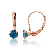 14K Solid Rose Gold 6mm Round Natural London Blue Topaz Birthstone Leverback Earrings For Women