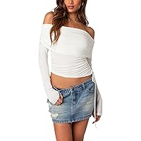 KMBANGI Women Off Shoulder Top Y2K Asymmetrical Neck Long Sleeve Shirt Tee Basic Cute Slim Fitted Crop Top Blouse