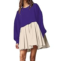 Women Oversized Sweatshirt Dress Patchwork Crewneck Long Sleeve Pullover Tops Flowy Pleated Sweatshirt Mini Dress