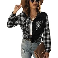 HOTOUCH Women's Long Roll Up Sleeve Cotton Flannels Plaid Shirts Classic Fit Button Down Shirt Blouses with Pockets