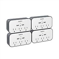 Belkin Wall Mount Surge Protector - 3 AC Multiple Outlet Extender & 2 USB Ports - Flat Rotating Plug Wall Mount Cradle for Home, Office, Travel, Computer Desktop & Charging Brick (540 Joules) - 4 Pack