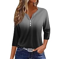 Henley Womens Tops Short Sleeve,3/4 Length Sleeve Womens Tops Button Henley V Neck Shirts Henley 2024 Summer Blouses Dressy Fashion Print Clothes 3/4 Length Sleeve Womens Tops