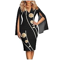 Party Dress for Women Elegant Cloak Long Sleeve Back Zipper Closure Bodycon Midi Cocktail Dress