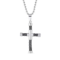 Mens Two Tone Tube Black Cable Cross Pendant Necklace For Men For Teen Black Silver Tone Stainless Steel