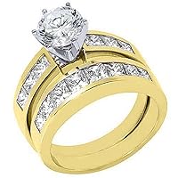 14k Yellow Gold 2.92 Carats Round & Princess Diamond Engagement Ring Bridal Set