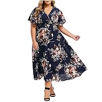 Women's 2024 Floral Boho Dress Plus Size Wrap V Neck Short Sleeve High Waist Casual Dress A-Line Flowy Maxi Dresses