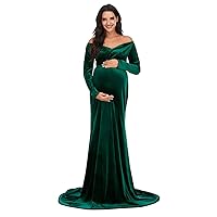 ZIUMUDY Velvet Maternity Off Shoulder Fitted Photography Gown Long Sleeve Maxi Photo Shoot Baby Shower Dress