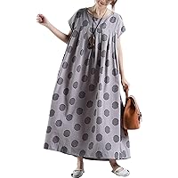 Flygo Women's Summer Loose Crew Neck Polka Dot Cotton Linen Pleated Long Midi Dress (One Size(Dress Chest: 47.24''/120cm), Grey)