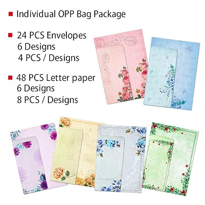 Stationary Paper and Envelopes Set Pack of 48 - Japanese Stationery Set Vintage Floral Letter Writing Paper - 8.5 x 11 Inch