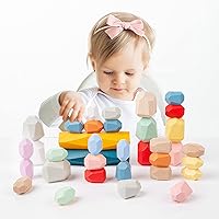 TODDLE UP Montessori Wooden Stacking Rocks for Toddlers 1-3 - 36Pc Stacking Stones, Wooden Montessori Toys Building Blocks for 2 Year Old, Learning Resource Preschool Balancing Stones for Kids 3-5