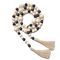Wood Bead Garland with Tassels 61 Inches, Wooden Beads Garland, Boho Home Decor, Decorative Beads Garland Decor, Farmhouse Beads Garland for Tiered Tray Decor Beige Black