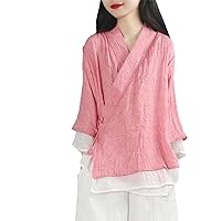 Chinese Style Ethnic Tops Clothes Women Cotton Linen Solid Vintage Tang Suit V Neck Loose Spring Blouse Thin Hanfu