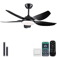 46 Inch Ceiling Fans with Lights and Remote/APP Control,Modern Downrods Flush Mount Ceiling Fan with 5 Reversible Blades 6 Speeds, 3 Colors Dimmable for Bedroom Kids Room, Black