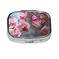 Orchid Flower Butterfly Print Pill Box Square Metal Pill Case with 2 Compartment Portable Travel Pillbox Cute Mini Medicine Organizer for Pocket Purse