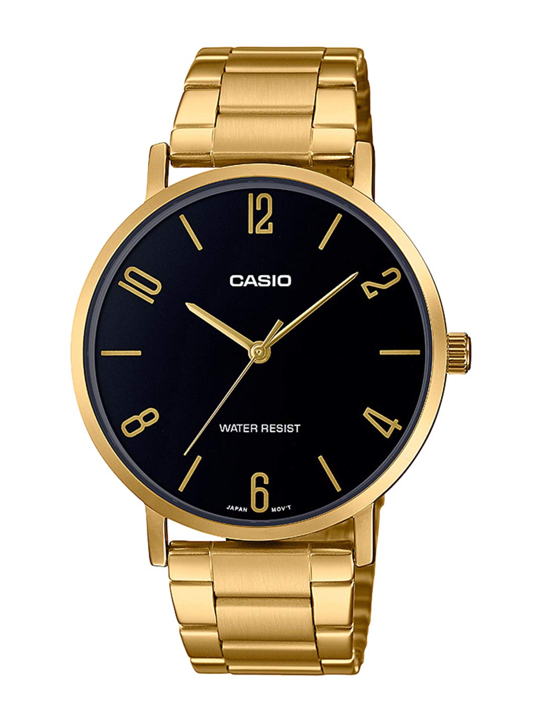 Casio MTP-VT01G-1B2 Men's Gold Tone Stainless Steel Minimalistic Black Dial 3-Hand Analog Watch