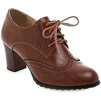 Women's Perforated Lace Up Pumps Oxfords Shoes Water-Resistant Dress Oxford Comfort Office Chunky Heel Walking Shoe