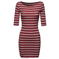 Made by Emma Women's Basic Every Day Boat Neck Stripe 3/4 Sleeve Dress