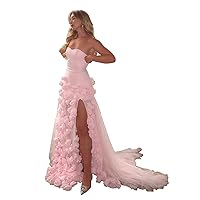 Women's Pink Evening Prom Dresses Side Split Flower Tulle Party Dress Sweetheart Homecoming Prom Gowns
