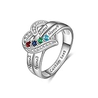 10K/14K/18K Gold Natural Diamond Heart Name Rings with Birthstones Personalized Mothers Birthstone Ring Custom Engraved 1-5 Names Christmas Gift for Her Wife