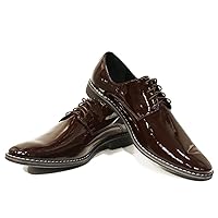 Modello Guglielmo - Handmade Italian Mens Color Brown Oxfords Dress Shoes - Calfskin Patent Leather - Lace-Up