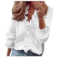 Womens Plus Size Summer Long Sleeve Ruffled V Neck Casual Work Shirts Comfy Loose Blouse Tops Vintage Trendy T-Shirts