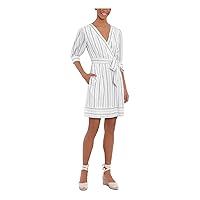 London Times Womens Ivory Pocketed Tie Lined Striped Blouson Sleeve Surplice Neckline Above The Knee Wear to Work Fit + Flare Dress Petites 8P