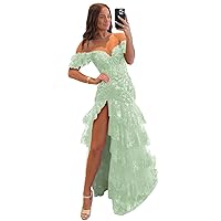 Off The Shoulder Lace Tulle Tiered Prom Dresses Long Sparkly Corset Formal Evening Party Gowns with Slit
