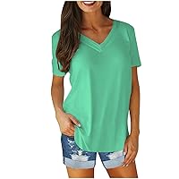 Summer Plus Size Tops for Women V Neck Blouse Tees Fashion Solid Short Sleeve Loose Tshirt Dressy Casual Oversized Shirt