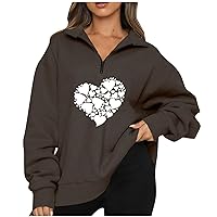 Womens Warm Cozy Sweatshirts Long Sleeve Heart Print Cute Pullover Top Oversized 1/4 Zip Hoodies Sweater Fall Outfits