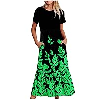 Women's Summer Casual Dress Short Sleeve Round Neck Party Dress with Pockets Loose Floral Boho Midi Long Sun Dress