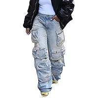 Womens Baggy Jeans Cargo Pants Y2K High Waisted Distressed Street Denim Wide Leg Trousers with Pockets