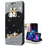 Crystal Wallet Phone Case Compatible with iPhone 13 Pro Max - Cat - Black - 3D Handmade Sparkly Glitter Bling Leather Cover with Screen Protector [2 Pack]