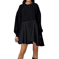 PICPUNMAK Women Oversized Long Sleeve Sweatshirt Dress Patchwork Crewneck Pullover Loose Flowy Pleated Mini Dress Tops