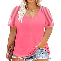 RITERA Plus Size Tops for Women Short Sleeve V Neck Tee Loose Fit Tunic Raglan Lace Shirts XL-5XL