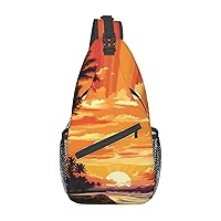 Sling Backpack Bag Tropical Sunrise Pattern Print Crossbody Chest Bag Adjustable Shoulder Bag Travel Hiking Daypack Unisex