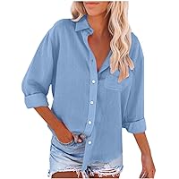 Cotton Linen Button Down Shirt Women Casual Tops Rolled Long Sleeve Solid Color Shirts Loose Work Tops with Pockets