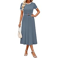 ZESICA Women's Summer Midi Dresses 2024 Short Sleeve Crewneck Color Block Belted Casual A Line Swing Dress with Pockets