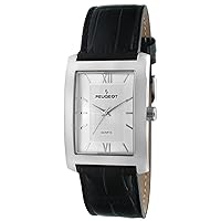 Peugeot Men's Rectangular Textured Roman Numeral Dial Classic Dress Wrist Watch with Leather Strap Band