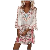 Plus Size Women 3/4 Tiered Bell Sleeve Ethnic Tunic Dress Summer V Neck Fashion Casual Loose Fit T-Shirt Dresses