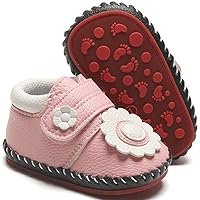 HsdsBebe Baby Boys Girls Pu Leather Hard Bottom Walking Sneakers Toddler Rubber Sole First Walkers Infant Cartoon Slippers Crib Shoes(FlowerPink,13)