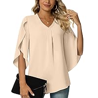 Women's Split Half Sleeve V Neck Casual Loose Fit Blouse Ruffle Sleeve Tunic Pleated Shirts Summer Tops for Women