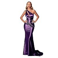 Satin Prom Dresses for Women One Shoulder Mermaid Evening Dress Ruched Sexy Formal Gown ZJF03