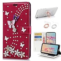 STENES Bling Wallet Phone Case Compatible with Samsung Galaxy S24 5G Case - Stylish - 3D Handmade S-Link Butterfly Floral Design Leather Cover with Ring Stand Holder [2 Pack] - Red