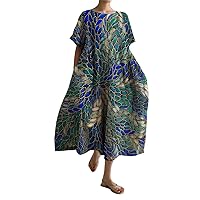 Floral Cotton Linen Maxi Dresses for Women Summer Spring Maxi Dress Plus Size Flowy Beach Dress 3XL