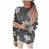 Christmas Sweaters for Women Snowflake High Neck Long Sleeve Jumper Midi Graphic Blouse Tshirt Tops