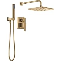 Delta Faucet Modern Raincan 2-Setting Square Shower System Including Rain Shower Head and Handheld Spray Gold, Rainfall Shower System Gold, Shower Valve and Trim Kit, Champagne Bronze 342701-CZ