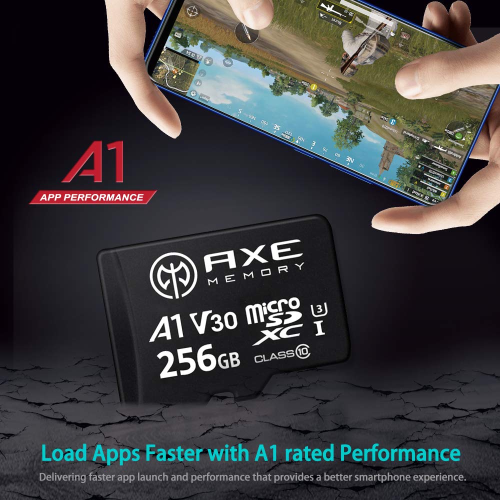 AXE MEMORY 256GB Micro SD Card 4K Ultra Full HD Video High Speed MicroSDXC Up to 95MB/S A1 V30 UHS-I U3, with SD Adapter