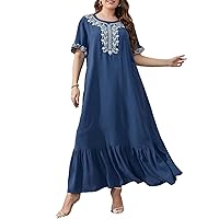 Womens Plus Size Dresses Summer Paisley Embroidery Flounce Sleeve Ruffle Hem Loose Smock Dress (Color : Blue, Size : XX-Large)