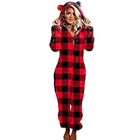 Fleece Fashion Print Pajamas for Women 2023 Winter Warm Sherpa Hooded Romper Non-footed Onesie Loungewear Pajama